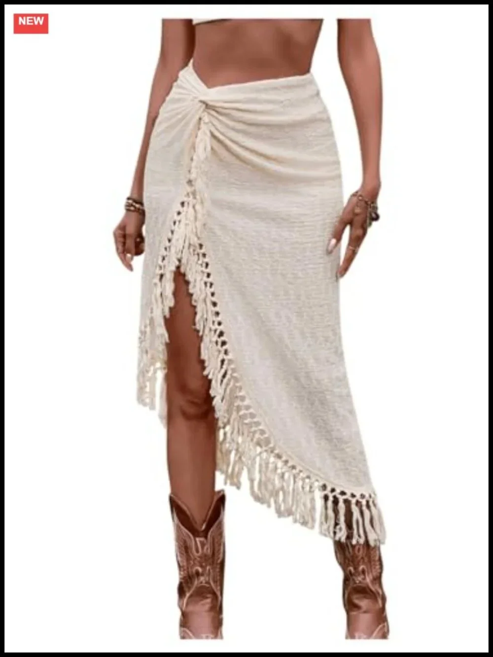 Fringe Tassel Midi Skirt Twist Front High Slit Asymmetrical Boho